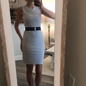 Fitted blue and cream striped dress